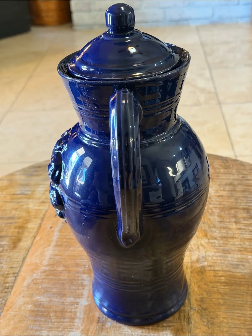 Italian Cobalt Blue Ceramic Teapot Kettle, Raised Grape Fruit Floral Pottery